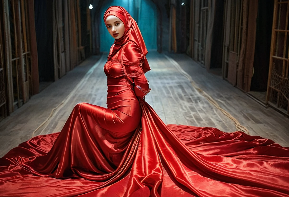 A rusian woman shrouded in a 4-meter-long, plush red satin cloth, tightly bound and grandly draping along the form of her body, flowing off into a pooled floor-length train, styled in a mermaid-inspired outfit, her head modestly veiled in a satin hijab, tall woman, a full-body pose conveying a sense of mysterious elegance, captured in a 4k resolution, ultra-realistic