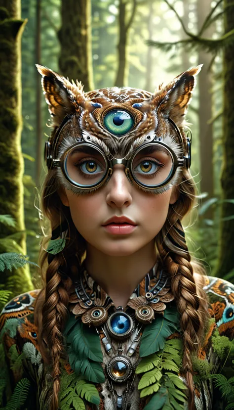 a highly detailed and realistic 4k 8k illustration of a person with four eyes and an owl-like body in a forest, (best quality,4k...