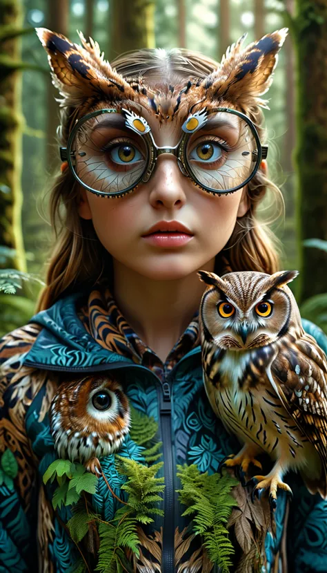 a highly detailed and realistic 4k 8k illustration of a person with four eyes and an owl-like body in a forest, (best quality,4k...