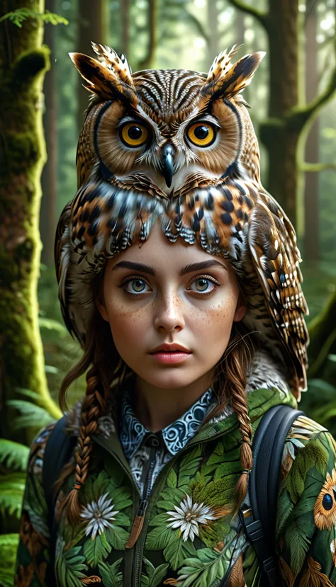 a highly detailed and realistic 4k 8k illustration of a person with four eyes and an owl-like body in a forest, (best quality,4k...