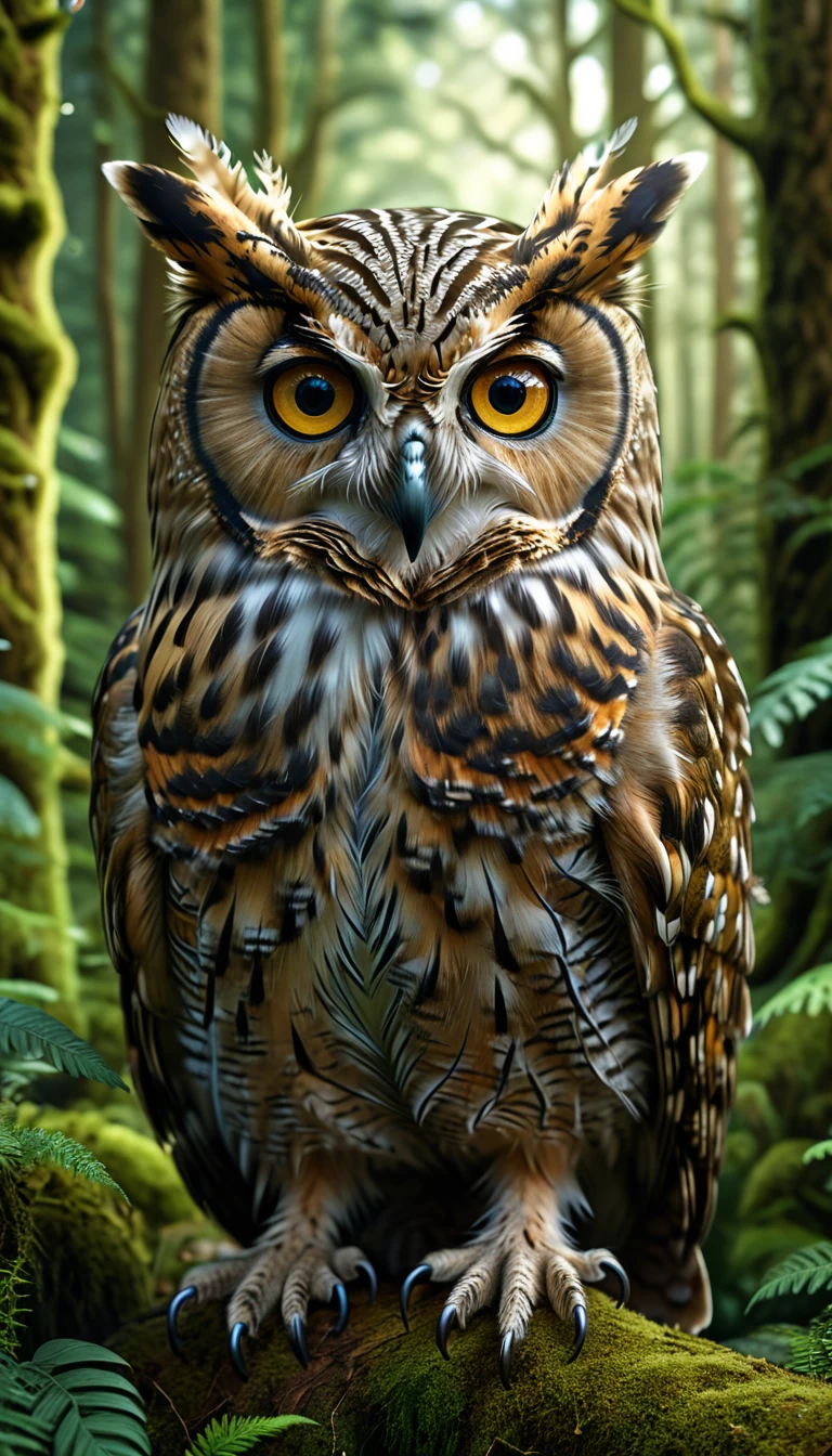 a highly detailed and realistic 4k 8k illustration of a person with four eyes and an owl-like body in a forest, (best quality,4k,8k,highres,masterpiece:1.2),ultra-detailed,(realistic,photorealistic,photo-realistic:1.37),extremely detailed animal,complex patterns,realistic lighting