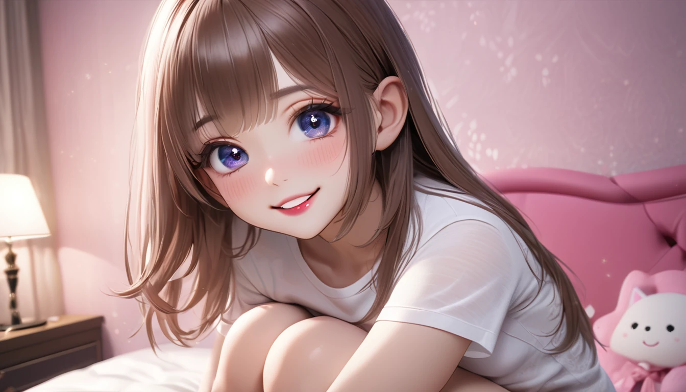 Straight hair, brown hair, ((Highly detailed semi-transparent sexy small white t-shirt)), looks about , (Beautiful girl: 1.3), 1 girl, (smiling faintly) ((no teeth showing)) Best quality, 8K, Highly detailed CG unit wallpaper, Masterpiece: 1.2, Best quality, Ultra high resolution, RAW photo, Realistic textured skin, Cinematic lighting, Happy, Big eyes, Detailed eyes, Glossy lipstick, Perfect makeup, Ultra high resolution beautiful face, ((Girly cute room)), On her bed in her room, Sensual, (Big round beautifully shaped ass), (Sitting on bed), (Hugging knees).