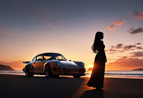 (masterpiece, best quality:1.2), silhouette, silhouette of a woman and a car against the backdrop of a coastal sunset, she is st...