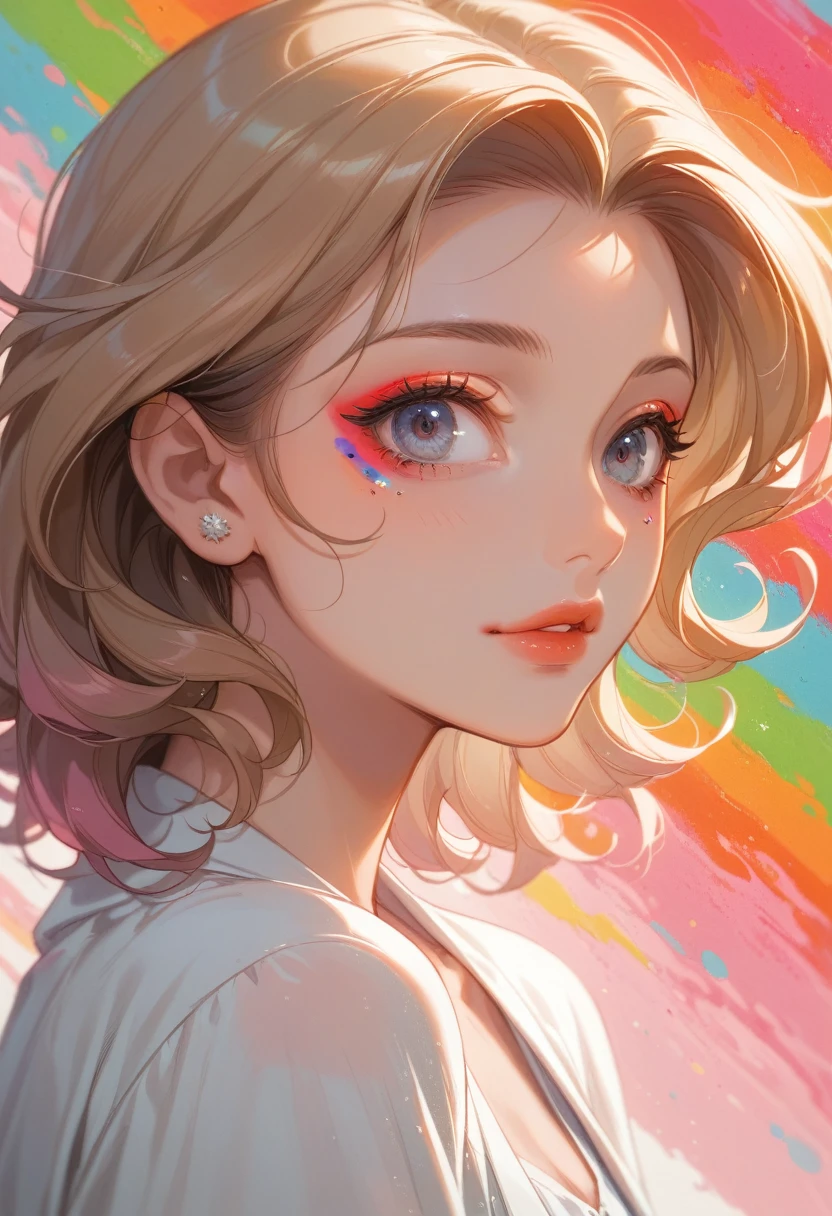 (((pop)))、1990s、((Colorful background))(Highest quality,Super detailed,High resolution:1.2),A beautiful young girl with a perfect face., Cool look, Shiny Hair,Exquisite makeup,Portrait,