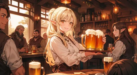 an illustrated scene set in a lively fantasy tavern at twilight. the focus is on a cheerful elf waitress, a young woman with lon...