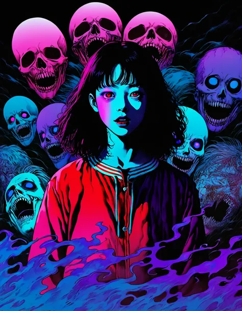 illust、art、from 80s horror movie, directed by junji ito、nightmare、high detail, realsitic shadow、analog style, vhs style, 8mm fil...