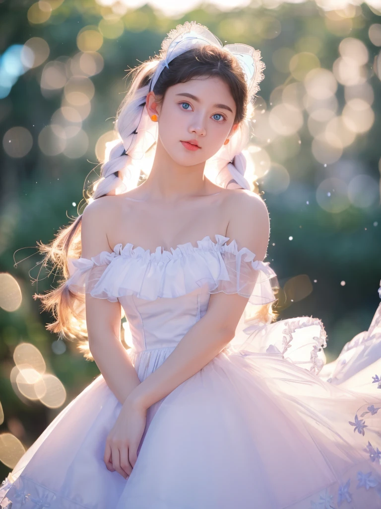 Georgeous, Beautiful, Cute, Baby Face, 18 Years Old, White Skin, Cleavage, ((Medium Breast:1.3)), Sleeveless, Off Shoulder, Strapless, ((Transparent:1.3)), ((White Long Lolita Dress)), (Embroidery), Posing With Big Fluffy Cat, ((Bright Blue Eye)), ((Muscles:1.3)), ((Bokeh:1.3)), Animal Farmer Background, Masterpiece, Twintails