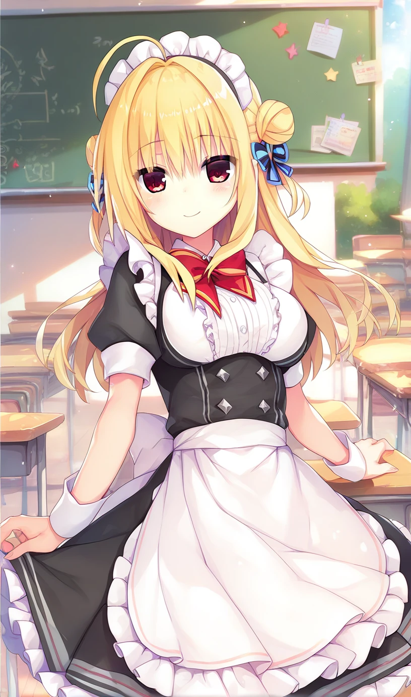 hiyori-default,red eyes,blonde hair, double bun,ahoge,maid,maid costume,maid_headdress,bowtie,black_pantyhose,smiling,classroom,school_festival