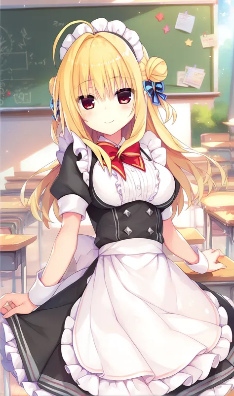 hiyori-default,red eyes,blonde hair, double bun,ahoge,maid,maid costume,maid_headdress,bowtie,black_pantyhose,smiling,classroom,...