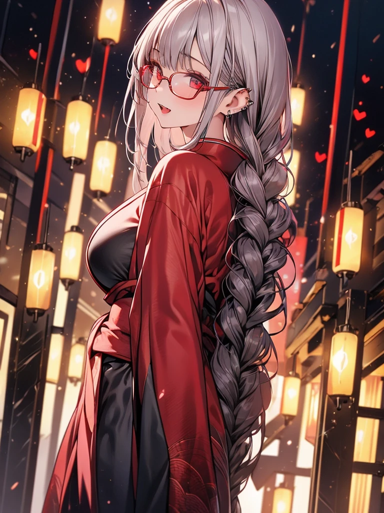 (1girl:1.3), Masterpiece, Best quality, amazing beauty, [[3D]], 4K, absurdres, finely detail, super detailed eye, perfect anatomy, official art, cinematic lighting, Island, silky long hair, long braid, silver hair, super shiny detailed red eyes, big eyes, cute eyes, thick eyebrow, Gazing Upward, open-mouth, full lips, straight teeth, rouge, False eyelashes, red lips, red round cell frame glasses, piercing, excited face, big breasts, tall, medium, gloss skin, nibble at bread, from behind,kimono, heart style sunglass,