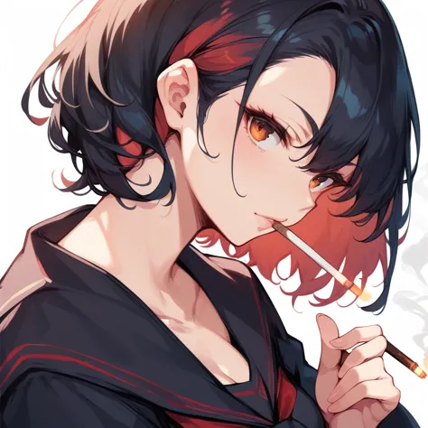 sendou ayumu, black hair , red inner hair, black serafuku, smoking cigarette