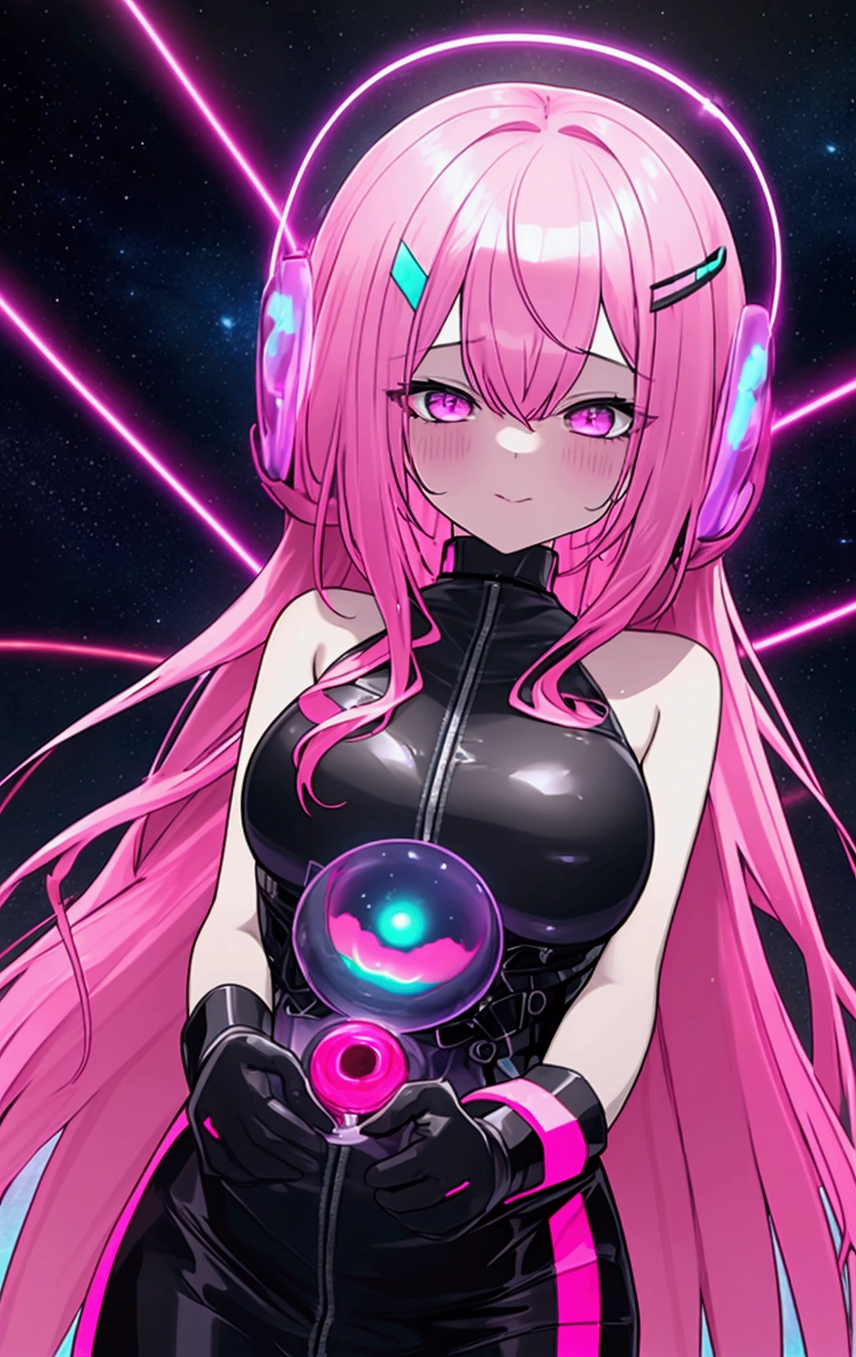 Woman with long pink hair, night, neon, Flying Saucer, abduction, Galaxy Background, neon lights, Black clothes with LED,  4K  , {{The alien who came to Earth captured an Earth girl and peeled off her skin to wear it, impersonating her.}}, NSFW