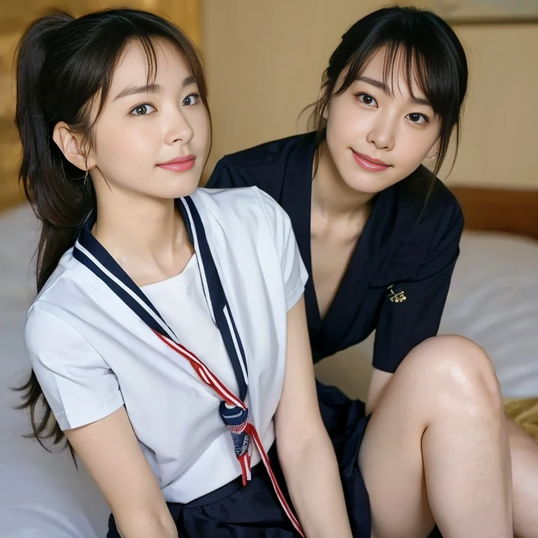 (Masterpiece, Best quality:1.4), (Ultra realistic, Photo-realistic:1.2), Natural light, 25 years old actress, Japanese women, Neat and clean, (Sailor suit, short sleeve suit:1.2), (Dark navy skirt:1.3), (Dark navy ribbon:1.2), (Ponytail:1.2), Short wavy hair, Light brown hair color, (Beautiful Face), Oval face, clear, (Beautiful eyes, Kind eyes), (Clear skin), Small face, (Small mouth), (Beautiful mouth), Natural makeup, Approachable, Luxury hotel Suite room, On bed, Seductive smile, (Seductive pose:1.2), (Beautiful thighs:1.1), (Bedroom eyes), (nsfw:1.1), (nude:1.1), (lesbian couple:1.1), (petting together), obscene reality of girls, (crotch rub:1.1), 