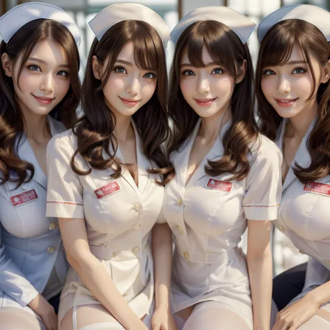 (best quality, masterpiece:1.5), (ultra-detailed, realistic:1.37),4k,(4woman:1.5),japanese,cute,beautiful,(white nurse uniform:1...