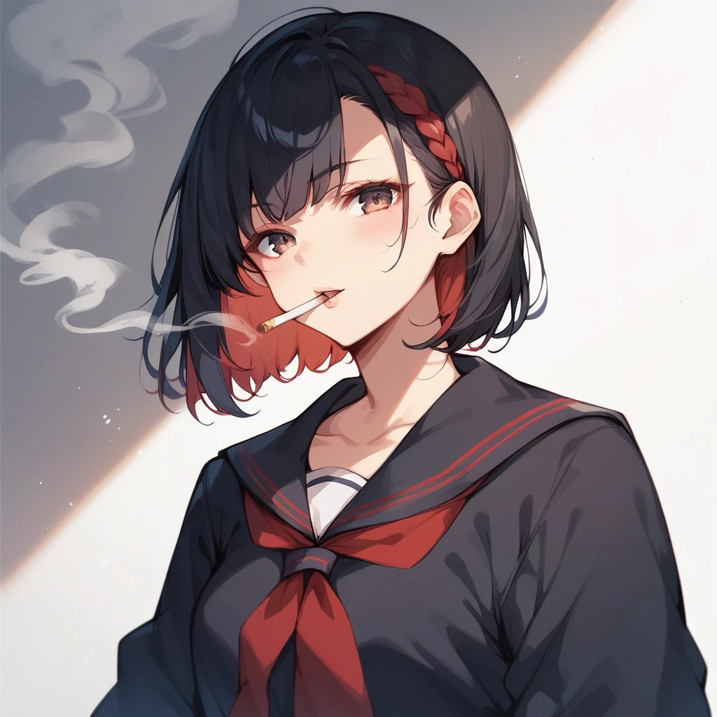 sendou ayumu, Black hair , red Inner hair, Black serafuku, smoking,