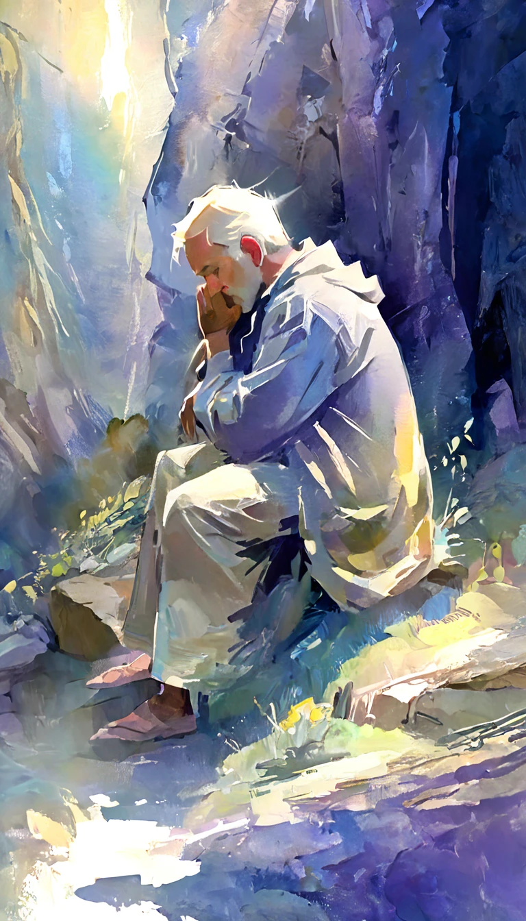 "Create a peaceful and spiritual video in a pastel watercolor artwork style. Depict a man sitting quietly under the shelter of a dark, towering cave, hands clasped in prayer. Gentle, golden light streams down from an opening above, softly illuminating the man and the area around him, symbolizing divine protection. The cave’s rocky, textured walls stand as a metaphor for life’s challenges, while the light represents God's shielding presence in the midst of these struggles. The entire scene should evoke a sense of calm, reverence, and hope, using soft, muted pastel colors to enhance the tranquility."