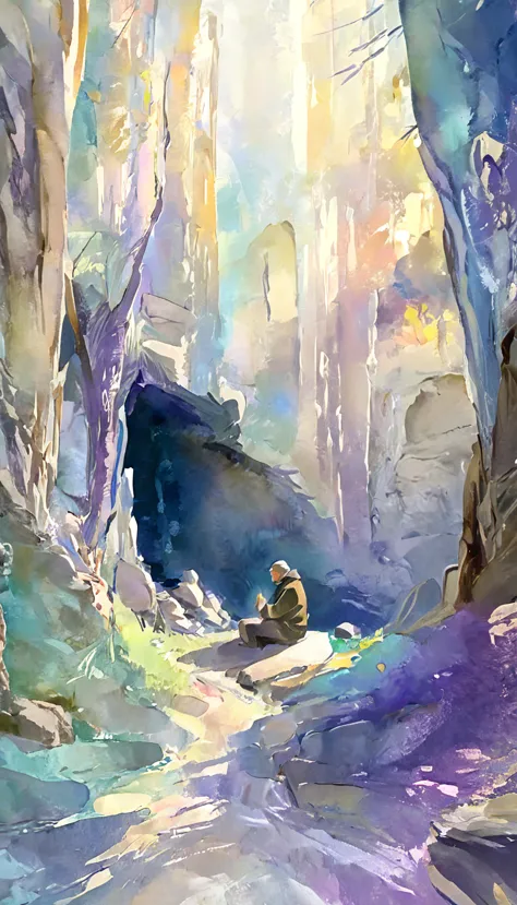 "create a peaceful and spiritual video in a pastel watercolor artwork style. depict a man sitting quietly under the shelter of a...