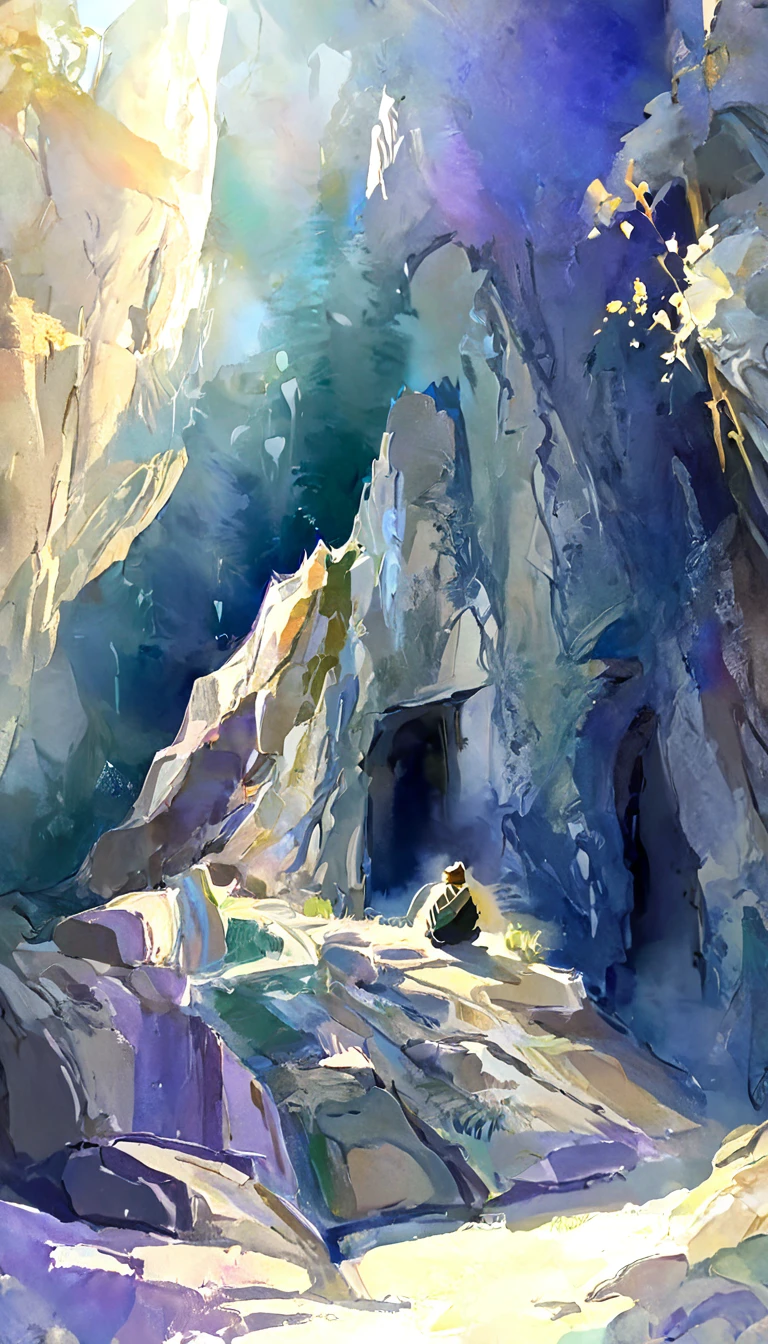 "Create a peaceful and spiritual video in a pastel watercolor artwork style. Depict a man sitting quietly under the shelter of a dark, towering cave, hands clasped in prayer. Gentle, golden light streams down from an opening above, softly illuminating the man and the area around him, symbolizing divine protection. The cave’s rocky, textured walls stand as a metaphor for life’s challenges, while the light represents God's shielding presence in the midst of these struggles. The entire scene should evoke a sense of calm, reverence, and hope, using soft, muted pastel colors to enhance the tranquility."