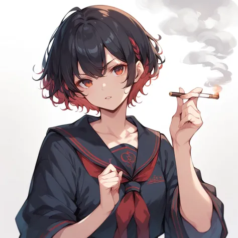 sendou ayumu, black hair , red inner hair, black serafuku, smoking,