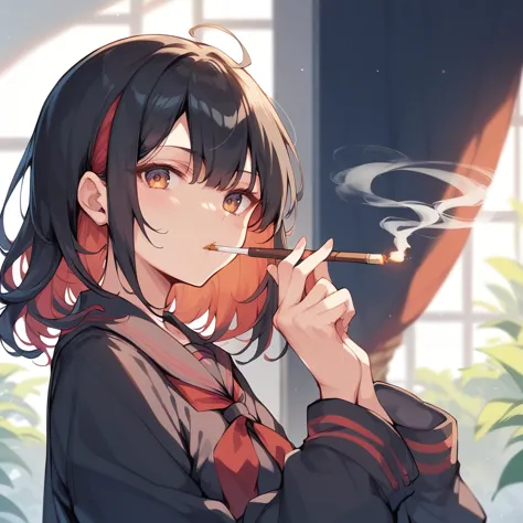 sendou ayumu, black hair , red inner hair, black serafuku, smoking,