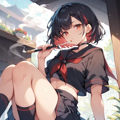 sendou ayumu, black hair , red inner hair, black serafuku, smoking,