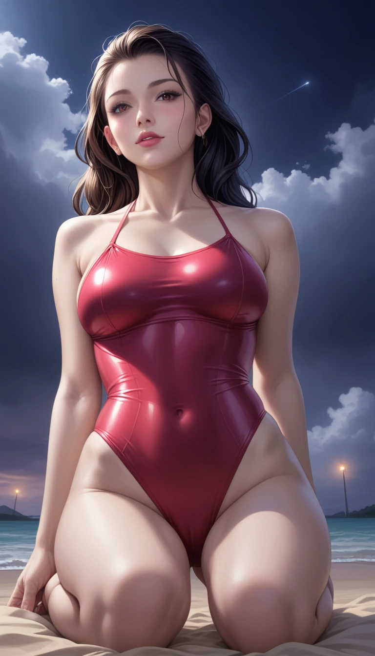 score_9, score_8_superior, score_7_superior, High-resolution CG illustration,A masterpiece in 32K resolution,Highest quality,it is really amazing,Very detailed,Ultra-high resolution,Ultra-realistic,Realistic,Increased depth of field,Cinematic lighting,
Sexy mature Japan woman,
Long black hair,Showing his forehead,Ultra-detailed and beautiful face,Calm and gentle look,Beautiful brown eyes,Translucent white skin,Realistic skin texture,Great proportions,
Elegant red swimsuit,
Simple design,Chic color scheme based on red,Detailed fabric texture,
(Dark overcast sky on a dull night:1.1),(Dark clouds filling the sky:1.1),Thundercloud,Coastline at night,Stormy seas,delay々A desolate sandy beach that continues,
Kneeling on the sand,Low - Angle,