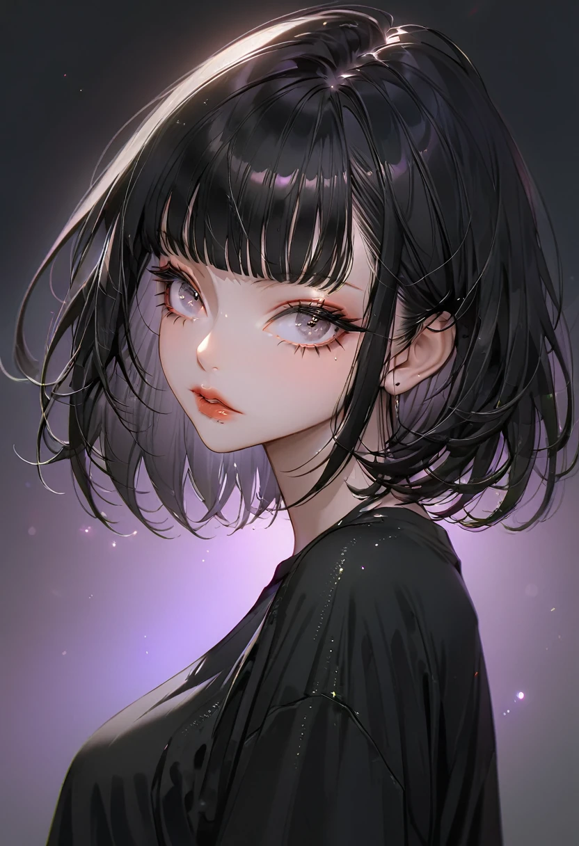 (Highest quality,Very detailed,High resolution:1.2),beautiful girl，Black very short hair,Black hair bangs, Wearing an oversized black T-shirt，very_Long eyelashes, Detailed lips, Cool look, Soft Skin, Shiny Hair,Exquisite makeup,