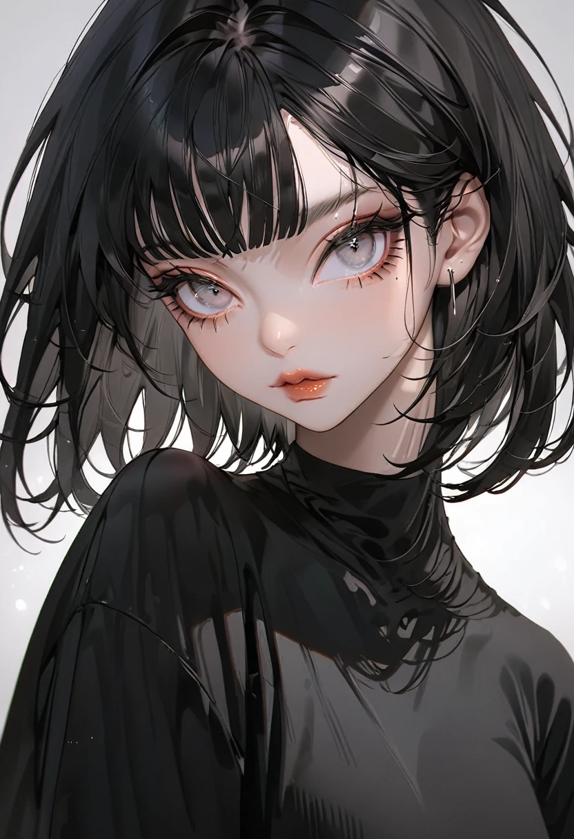 (Highest quality,Very detailed,High resolution:1.2),beautiful girl，Black very short hair,Black hair bangs, Wearing an oversized black T-shirt，very_Long eyelashes, Detailed lips, Cool look, Soft Skin, Shiny Hair,Exquisite makeup,