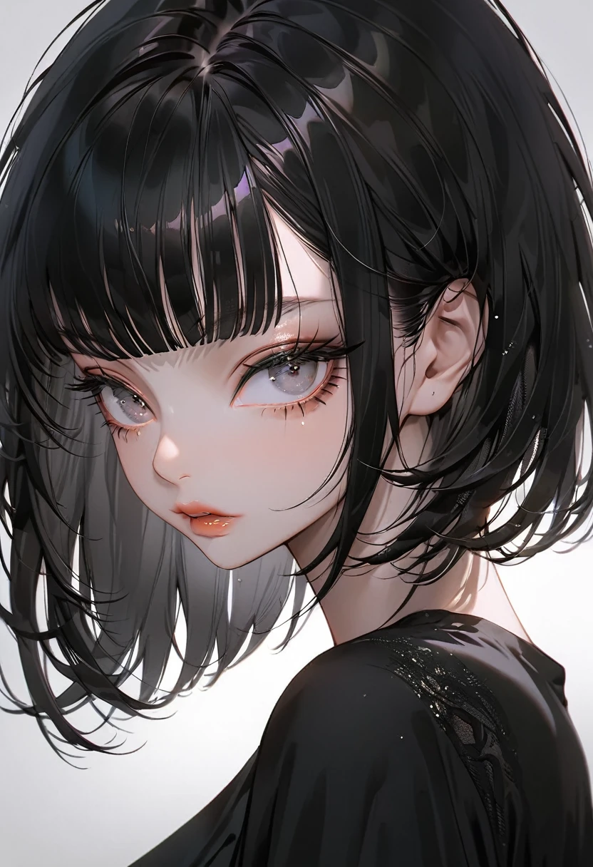 (Highest quality,Very detailed,High resolution:1.2),beautiful girl，Black very short hair,Black hair bangs, Wearing an oversized black T-shirt，very_Long eyelashes, Detailed lips, Cool look, Soft Skin, Shiny Hair,Exquisite makeup,