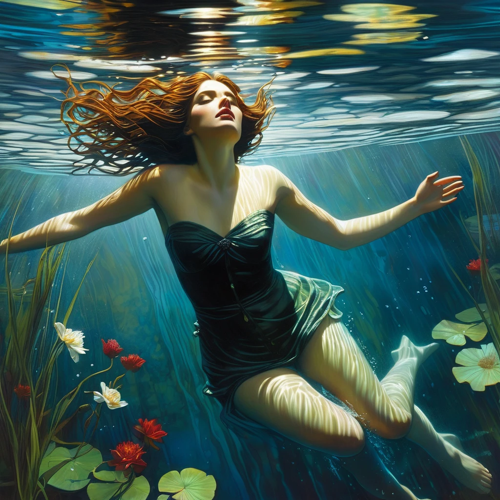 picture of a woman, drowning in a body of water, Ophelia, floating drowning, nymph in water, drowning in water, woman drowning, brad cankle elson peter, brad cankle detail, cory loftis, aron wisenfeld dark fantasy, aron wisenfeld, floating underwater in a lake, tom bagshaw donato giancola