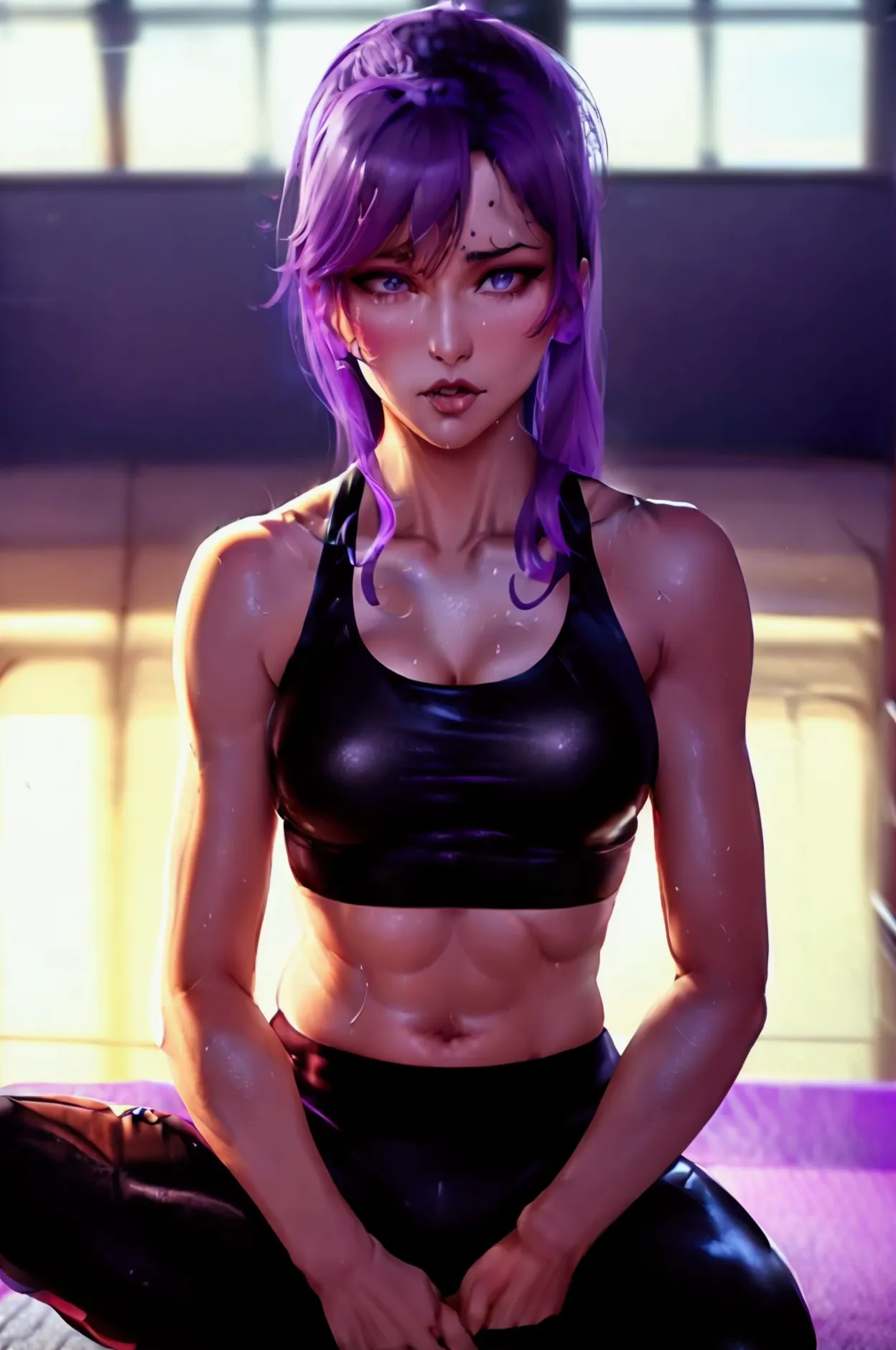 purple haired woman in a black top and black pants on a yoga mat, chun li in the gym, working out, sweaty 4k, on her knees, matc...