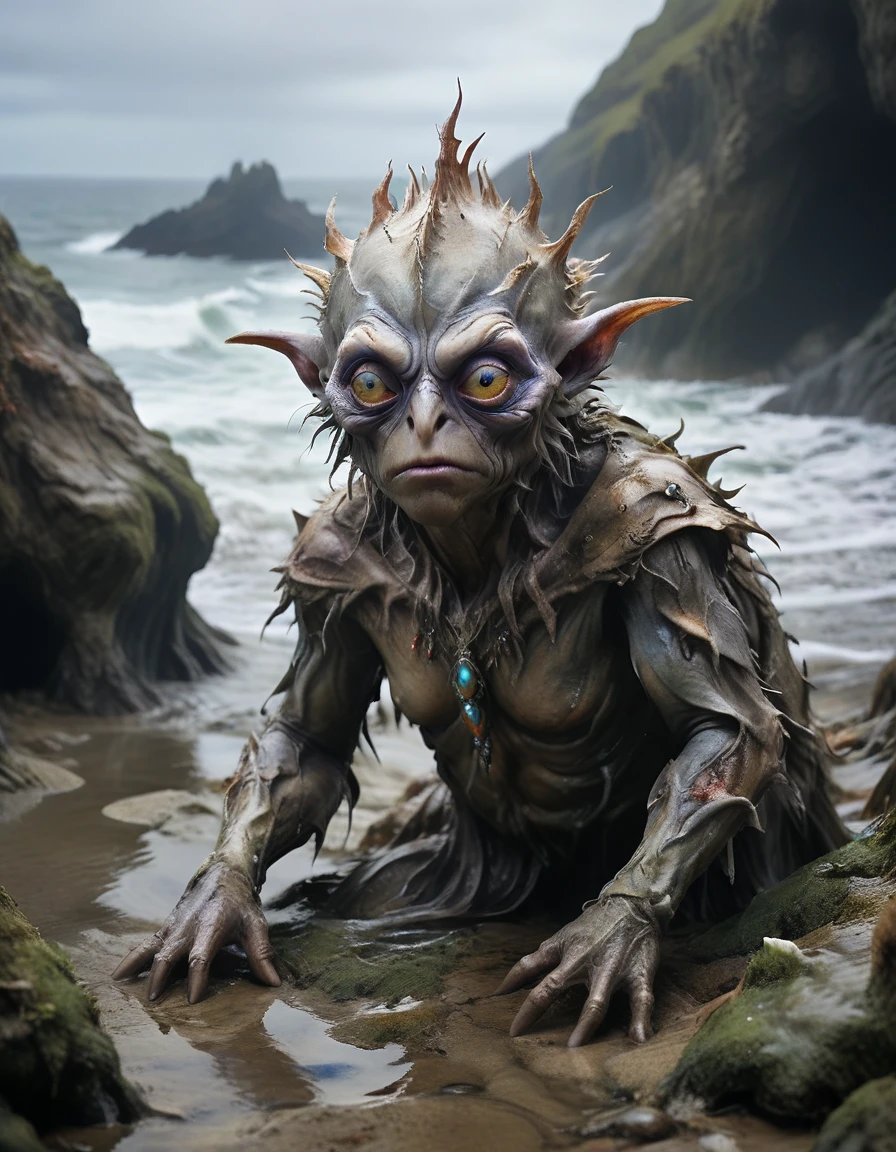 Famous works of art (Julie Barrow:1.3) and (Brian Froud:1.2) and (ArtJam:1.2) and (Gwaiz:1.2), Extremely short hair、The top of the head is widely bald in a circle、The intertidal zone of Clinkbubbling in the vast ocean of Planet Kraken Home Tertius, small, Organisms with spiny shells (Jewel-like colorful irises:1.6), Chrome honking guard, Explore otherworldly tide pools, Puffling Danfizel hunting
RAW photo, Realistic texture, Very detailed, Absurd, Sharp focus,  Volumetric lighting, Subsurface scattering realistic skin, (Natural Skin:1), (Skin Details, Skin Texture:1.1), (Skin pores:1), (Skin imperfections:0.3), 
