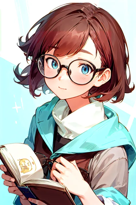 1girl,solo,cute,megane,brown short hair,lightblue eyes,read a book,