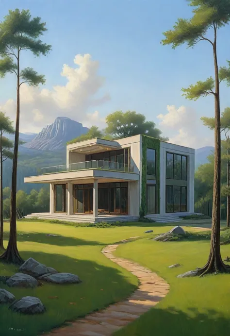 ralph-mcquarrie style, greek architecture done in a sci-fi style on a beautiful forest and meadow scene with tall buildings and ...