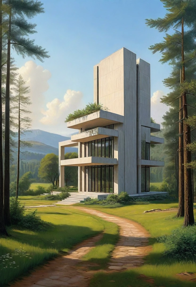 ralph-mcquarrie style, greek architecture done in a sci-fi style on a beautiful forest and meadow scene with tall buildings and open green spaces, oil painting, beautiful, highly detailed