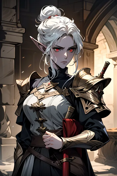 ((extremely detailed, masterpiece, absurd))
 bgminthara, 1 girl, pointed ears, white hair, red eyes, hair bun, wearing medieval ...