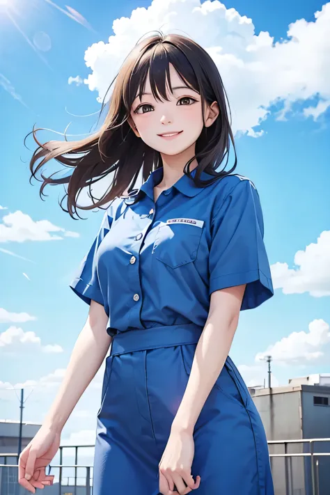 a woman in a factory work uniform smiling under the blue sky