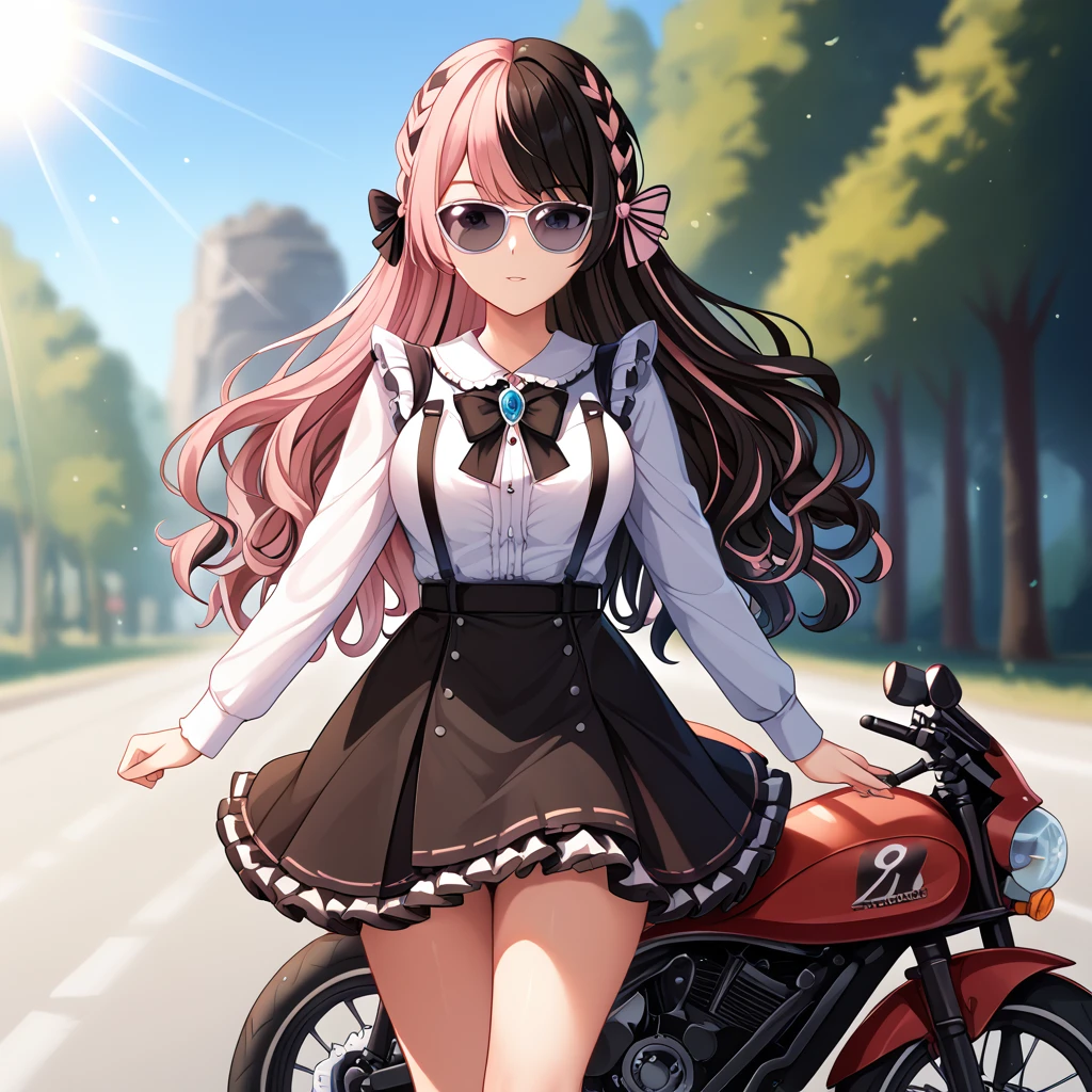 ((Highest quality))、(masterpiece)、Subjective、(with star-shaped irises), HinanoBase, two-tone hair, long hair, french braid, hair bow, black bowtie, brooch, frilled shirt, white shirt, long sleeves, black skirt, suspender skirt,,istanding, on the road, with a sun, in the afternoon, front view, sunglasses, motorcycle, motion blur, sunlight, slow shutter speed, in focus with blurred background
