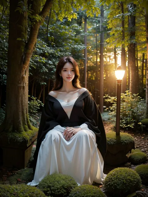 ((upper body)),a serene night scene in a dense forest, with a beautiful witch standing in the middle. the witch wears a simple, ...