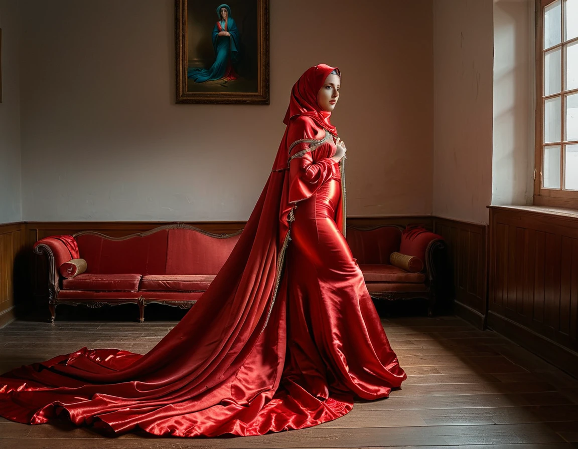 A rusian woman shrouded in a 7-meter-long, plush red satin cloth, tightly bound and grandly draping along the form of her body, flowing off into a pooled floor-length train, styled in a mermaid-inspired outfit, her head modestly veiled in a satin hijab, tall woman, standing in front of class, a full-body pose conveying a sense of mysterious elegance, captured in a 4k resolution, ultra-realistic