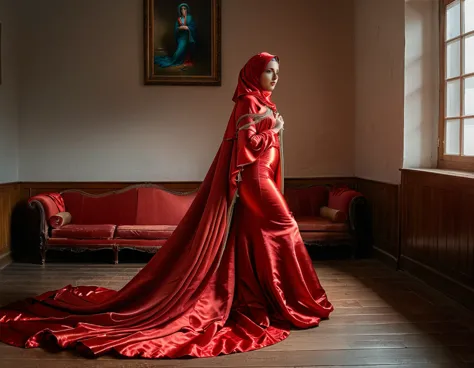 a rusian woman shrouded in a 7-meter-long, plush red satin cloth, tightly bound and grandly draping along the form of her body, ...