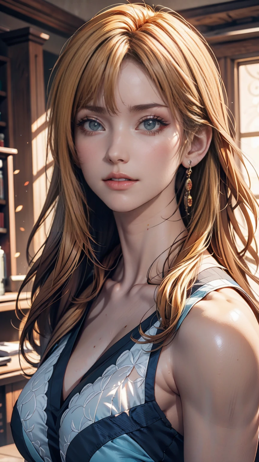 A blonde woman with long hair and a blue dress is posing for a photo, Realistic anime art style, Photorealistic anime girl rendering, Smooth anime CG art, Anime realism style, Realistic art style, realistic young anime, Gorgeous digital painting, Realistic Anime 3D Style, Beautiful anime portraits, Realistic anime art style, Close-up character portraits, 3D Anime Real, Anime style portrait