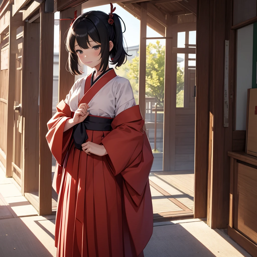 hentai、A female elementary school student who is a shrine maiden、Red and short hakama、Close your eyes and pray、Black Hair、Bob、See-through clothing、morning