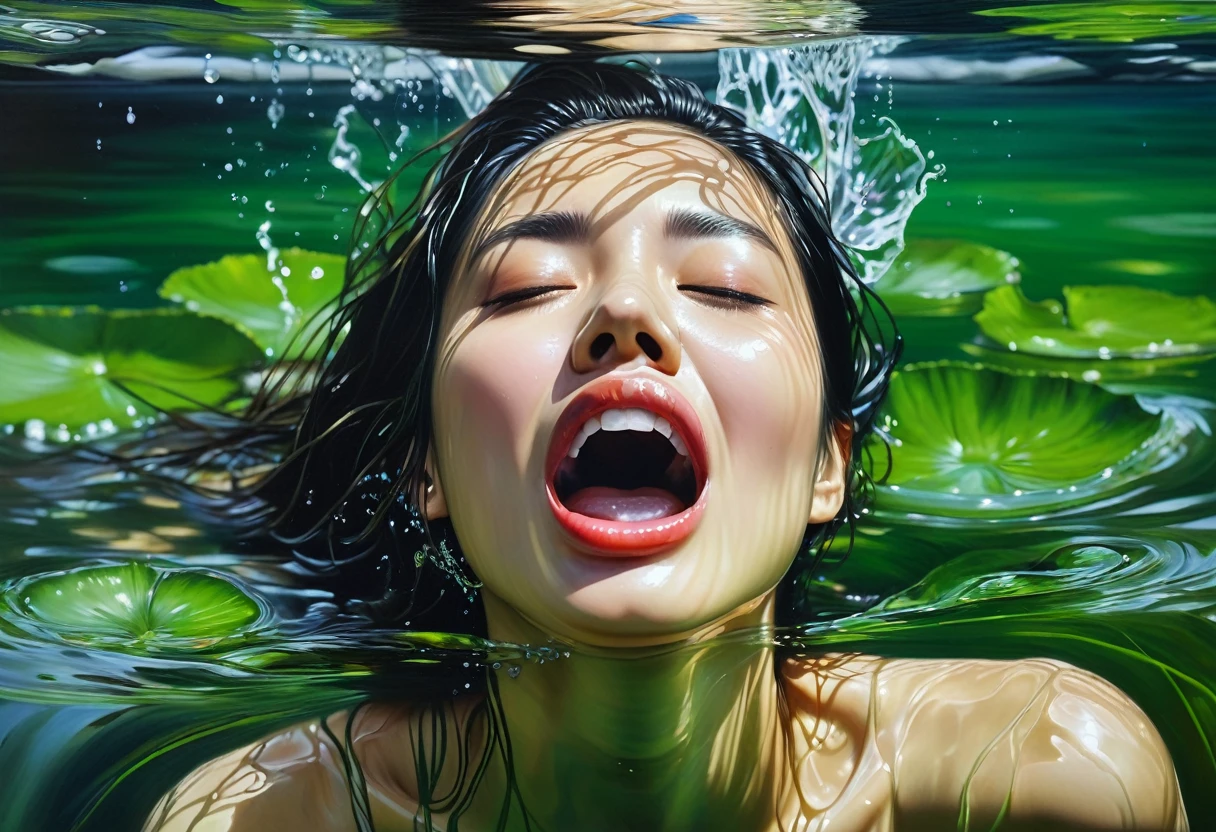 Painting of woman drowning in water, face almost under water, water flowing into open mouth, green algae wrapped around head, inspired by Yanjun Cheng, hyperrealistic painting, realistic illustrative painting, ultra realistic oil painting, photorealistic painting, hyperrealistic digital painting, hyperrealistic oil painting, hyperrealistic oil painting, hyperrealistic oil painting, hyperrealistic oil painting, realistic oil painting, hyperrealistic oil painting, diego dayer, ultra realistic oil painting