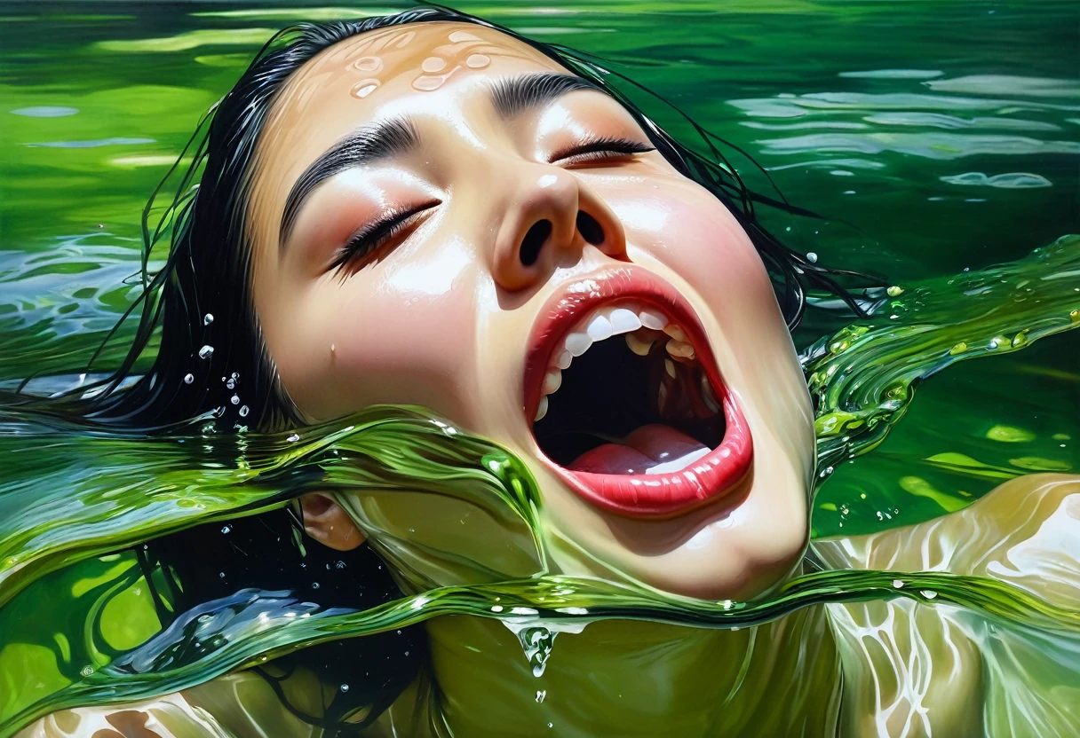 Painting of woman drowning in water, face almost under water, water flowing into open mouth, green algae wrapped around head, inspired by Yanjun Cheng, hyperrealistic painting, realistic illustrative painting, ultra realistic oil painting, photorealistic painting, hyperrealistic digital painting, hyperrealistic oil painting, hyperrealistic oil painting, hyperrealistic oil painting, hyperrealistic oil painting, realistic oil painting, hyperrealistic oil painting, diego dayer, ultra realistic oil painting