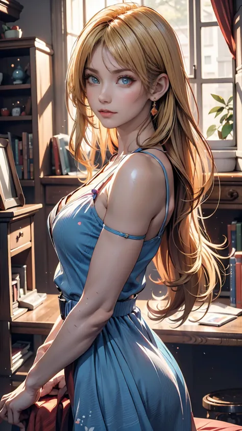 a blonde woman with long hair and a blue dress is posing for a photo, realistic anime art style, photorealistic anime girl rende...