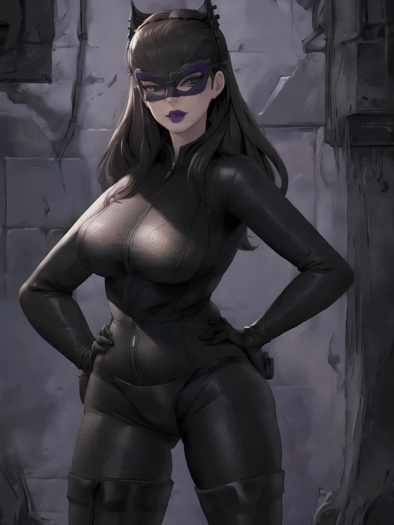 Bowei, catwoman, selina kyle, 1girl, full body, skinny body, skinny thighs, bodysuit, detail eyes, mask , solo, long hair, lips, black hair, black hair, black bodysuit , looking at viewer, simple background, gloves, black background, mole under mouth, eyeshadow, hands on hips, black bodysuit,leather, latex, purple lips, 8k detailed,