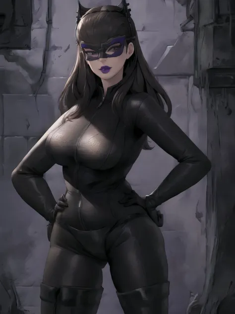 bowei, catwoman, selina kyle, 1girl, full body, skinny body, skinny thighs, bodysuit, detail eyes, mask , solo, long hair, lips,...