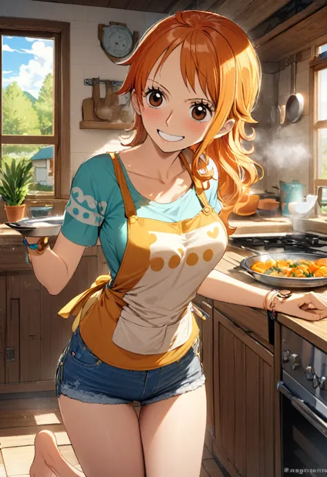 1girl, nami(one piece), one piece, kitchen setting, tangerine-themed dishes, apron, casual loose wear, denim shorts, bare feet, ...