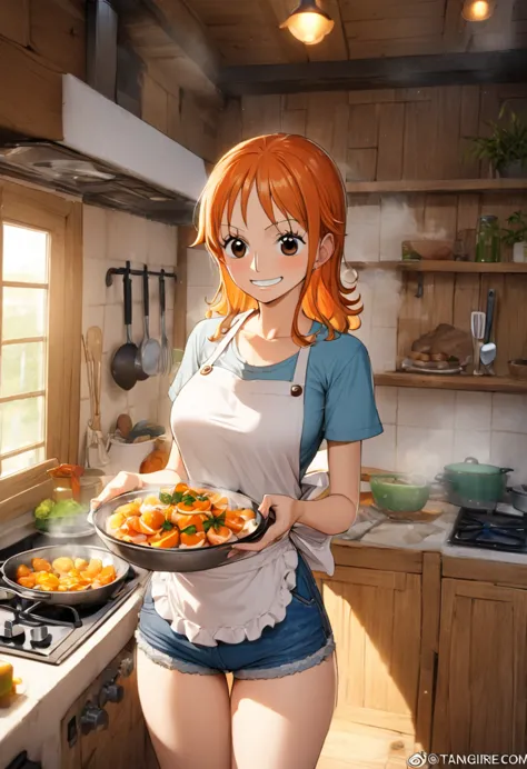 1girl, nami(one piece), one piece, kitchen setting, tangerine-themed dishes, apron, casual loose wear, denim shorts, bare feet, ...